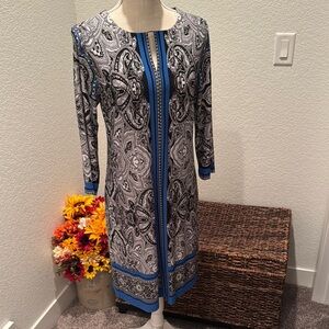 Sandra Darren Black, White & Blue Paisley Long Sleeve Dress